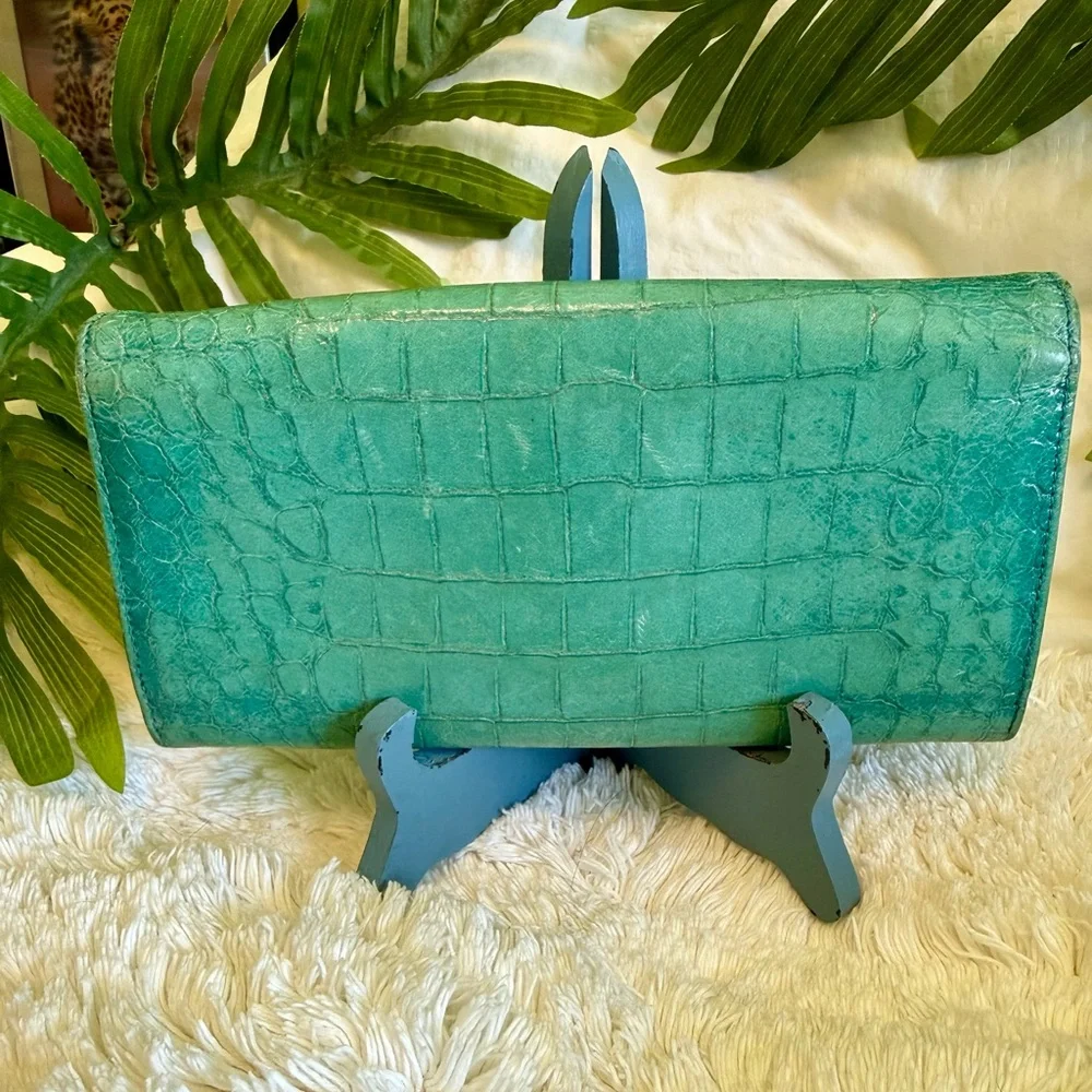IN BOX! MIU MIU Blue Lagoon Continental Italian Croc Leather Long Snap Wallet - Picture 6 of 16